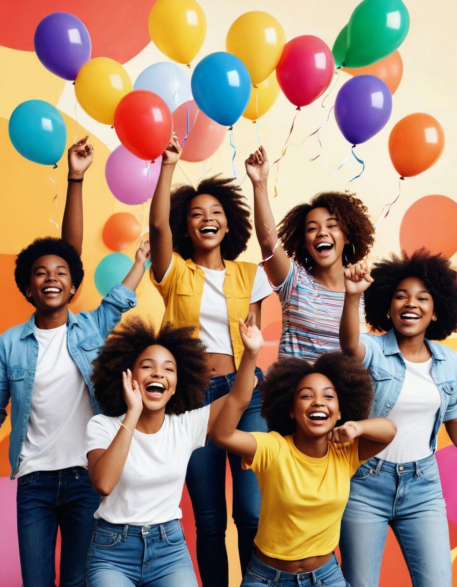A vibrant collage of diverse youth engaged in various joyful activities like dancing, laughing, and filming. Incorporate film reels and clapperboards flying around them to symbolize short films. Include colorful decorations such as balloons and streamers that embody a celebratory atmosphere. The background features abstract shapes that give a dynamic feel to the scene. Include warm sunlight filtering through, enhancing the cheerful vibe. vibrant colors. 3D.