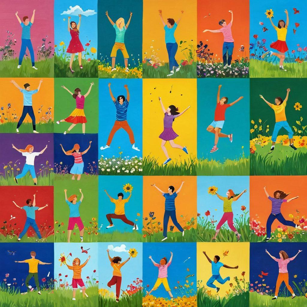 A vibrant collage of 10 joyful scenes featuring young people engaging in various activities that symbolize bliss and contentment, such as dancing, laughing, and playing in nature. Each scene is infused with colorful bursts of happiness, capturing moments of carefree joy. Include elements like sunshine, flowers, and playful pets to enhance the feeling of youthfulness. The overall composition should radiate positive energy and evoke a sense of nostalgia. super-realistic. vibrant colors. energetic.